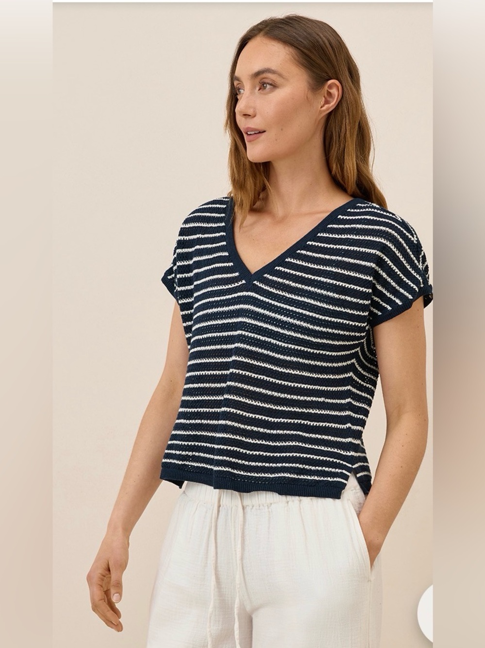 PACT Beachside Crochet Knit V Neck Top S Stripe Linen Organic Cotton Coastal